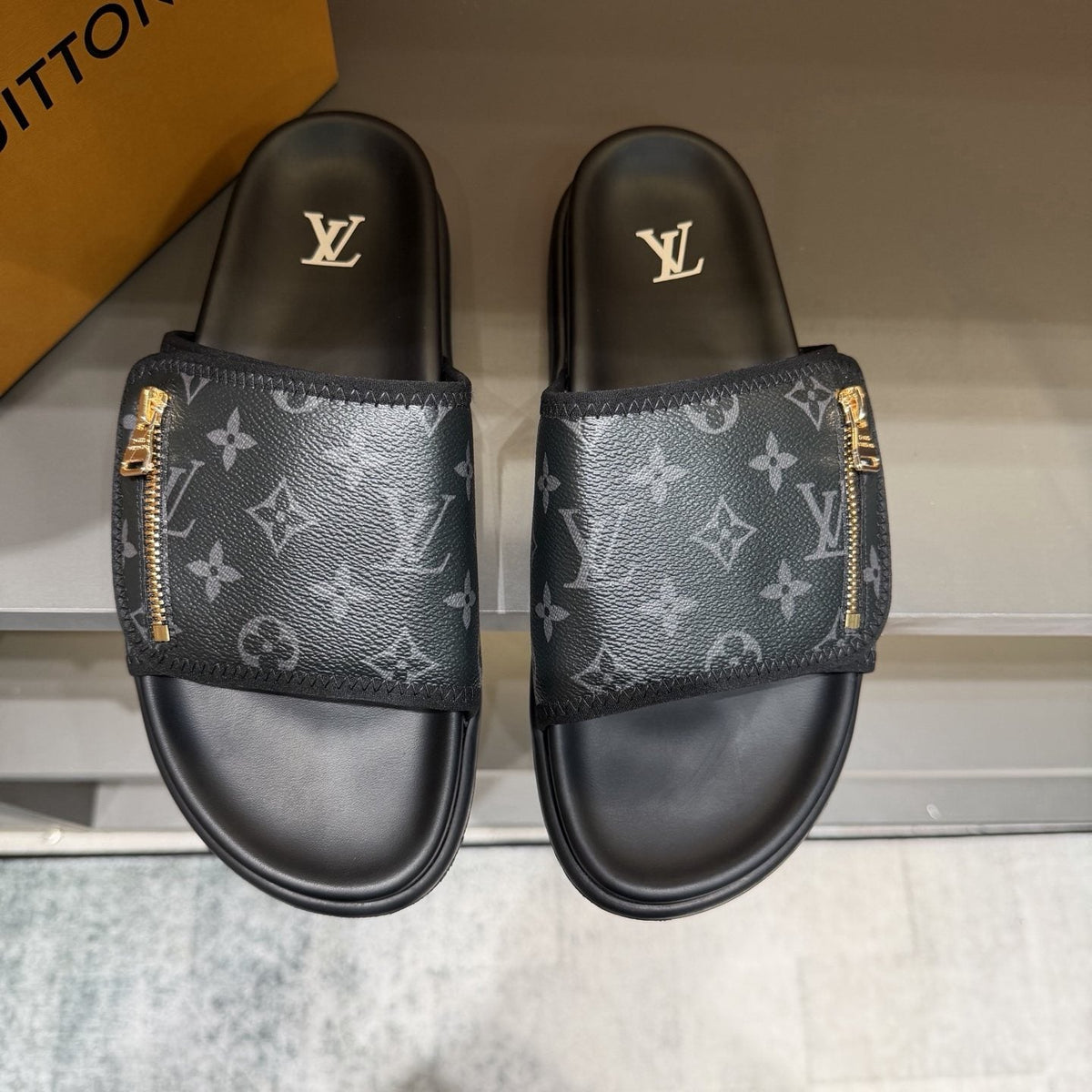 Louis Vuitton Black Monogram Strap Slide Sandals